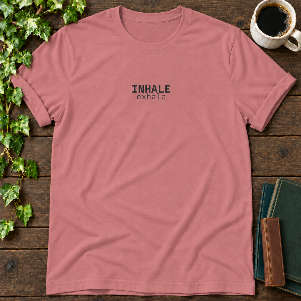inhale. exhale. mauve t-shirt flat lay
