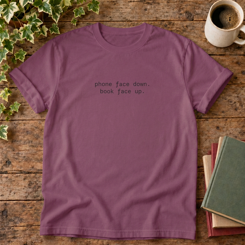 Phone face down T-shirt in Berry, stylised flat lay with blank neckline