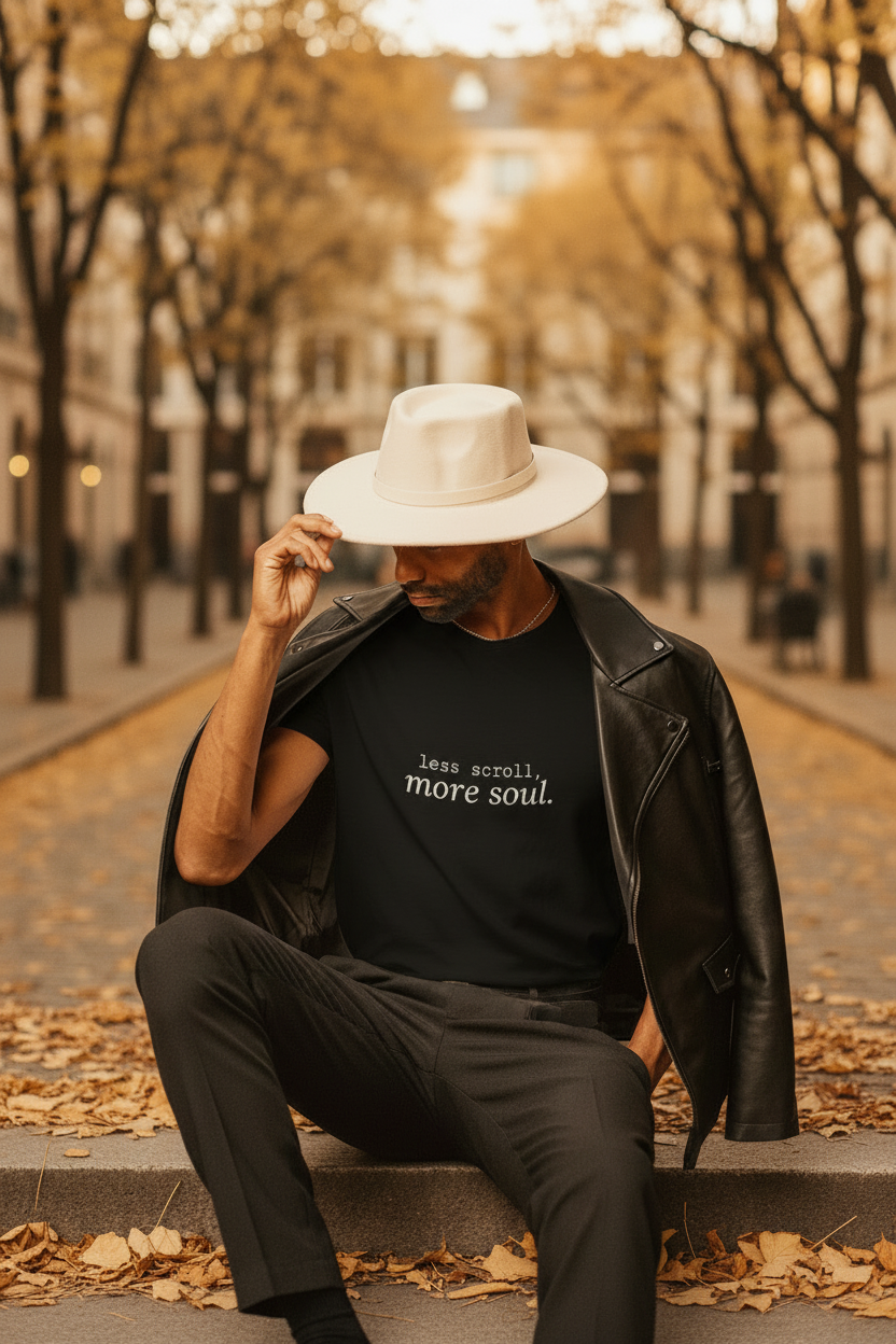 less scroll more soul. black tee, fedora man, autumn park