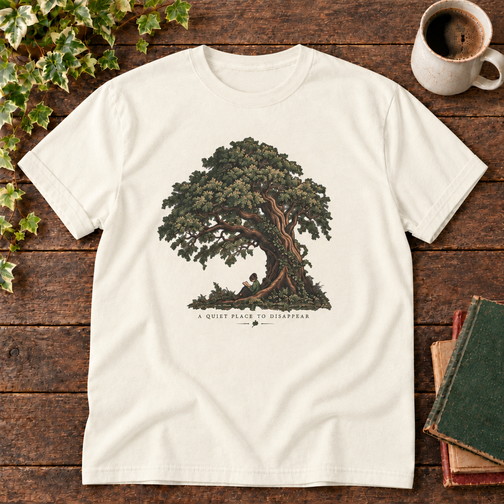 Ivory tree of life tee with green red and tan book pile
