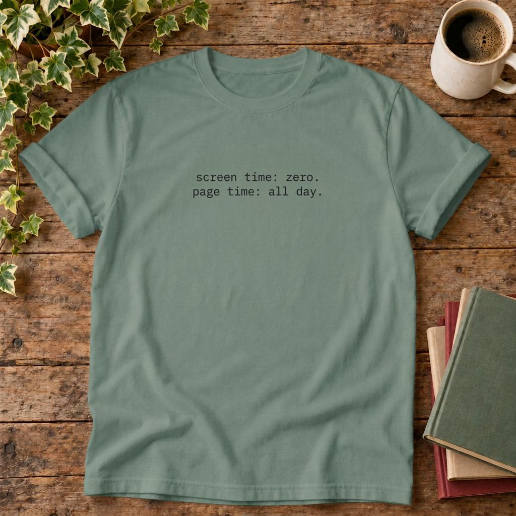 Screen time zero T-shirt in Blue Spruce, corrected stylised flat lay