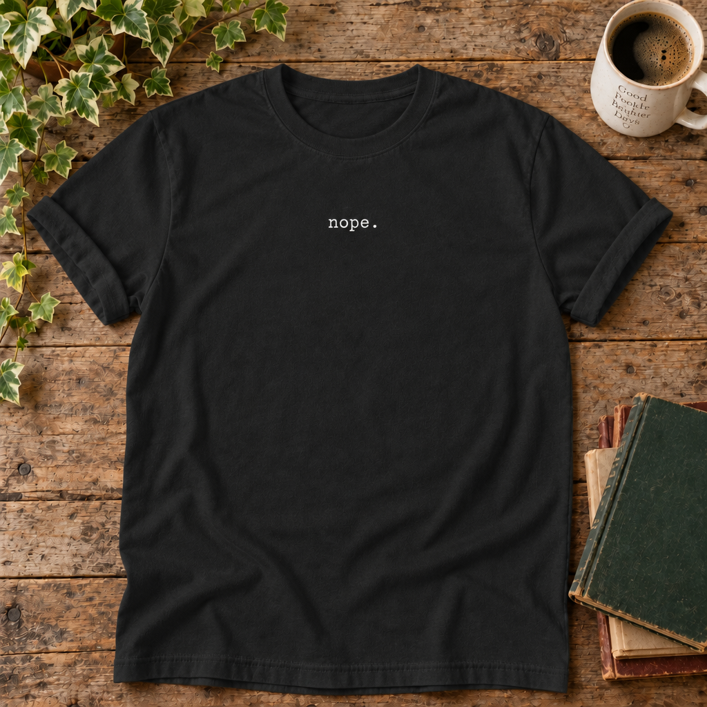 Nope Black flat lay with weathered wood and blank book cover