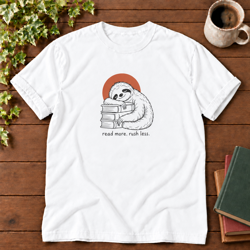 Read more rush less White sloth flat lay, smooth wood and clean book stack