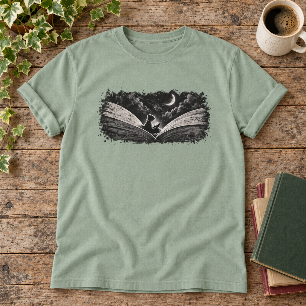 Reader under moonlight Bay t-shirt flat lay