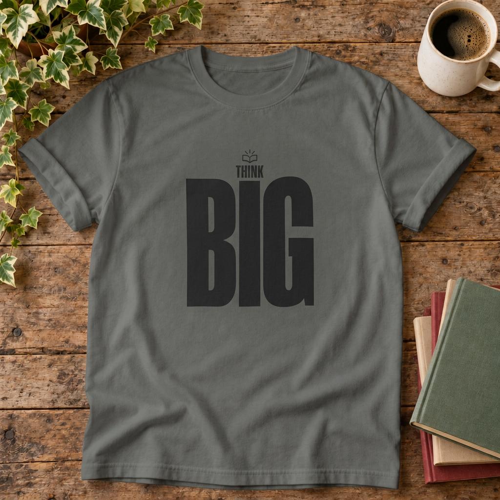Think Big Pepper T-shirt wood-and-books flat lay