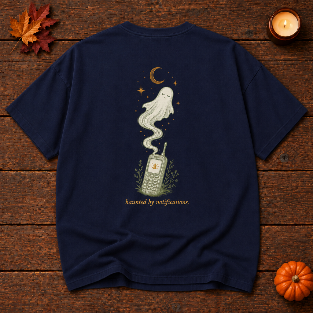 read at 11:47pm. true navy relaxed fit t-shirt back, haunted by notifications ghost print