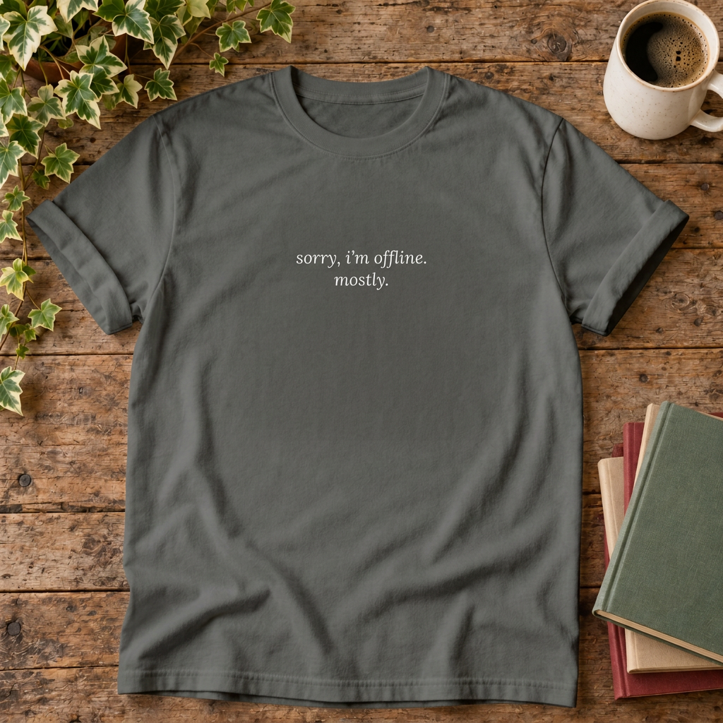 Pepper sorry I'm offline mostly t-shirt, stylised wood flat lay