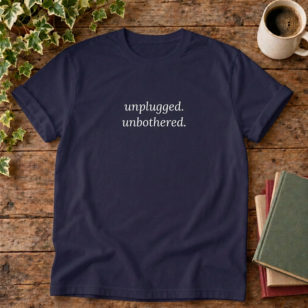 Unplugged unbothered T-shirt in True Navy with white print, stylised flat lay