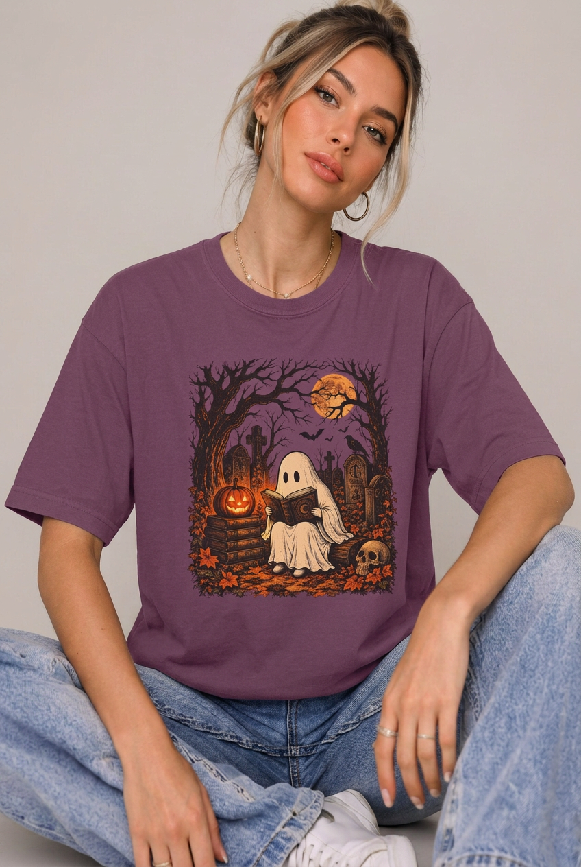 Model seated wearing the spooky ghost cemetery t-shirt in Berry