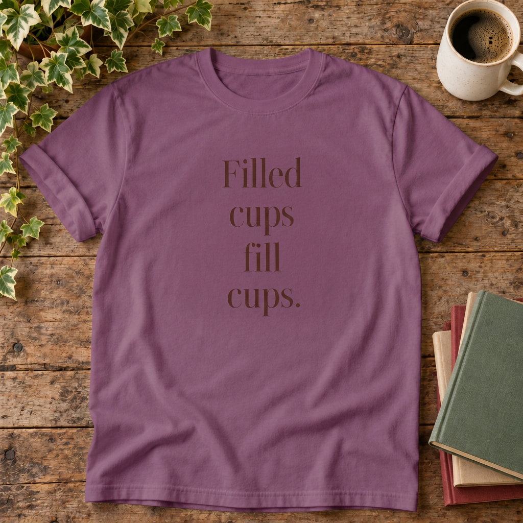 Filled cups fill cups. Berry T-shirt wood-and-books flat lay