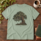 Bay tree of life tee with green red and tan book pile