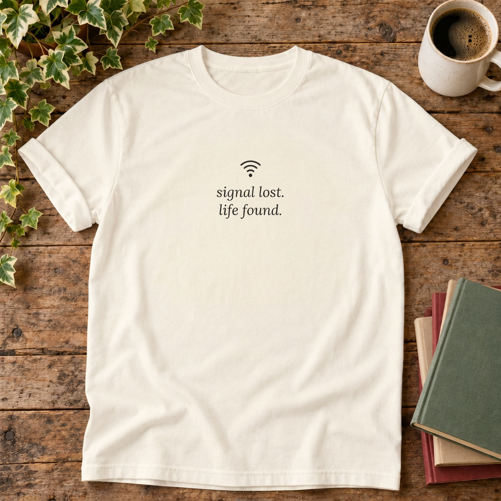 Signal lost. Life found. t-shirt in Ivory, rustic flat lay
