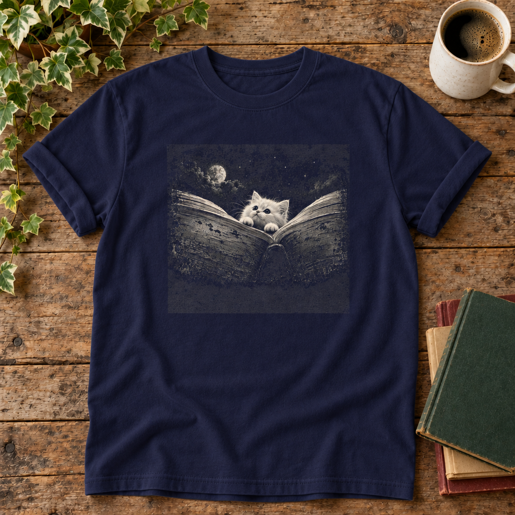 Reading cat True Navy t-shirt weathered-wood flat lay