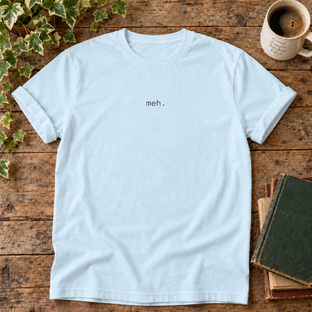 Meh Chambray Comfort Colors flat lay with weathered wood and blank book cover