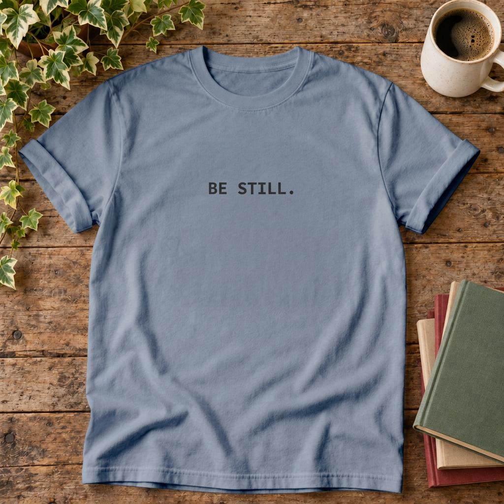 Blue Jean BE STILL. t-shirt, rustic wood flat lay