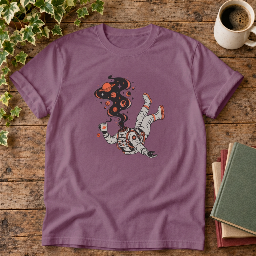 Astronaut cosmic t-shirt in Berry, rustic flat lay