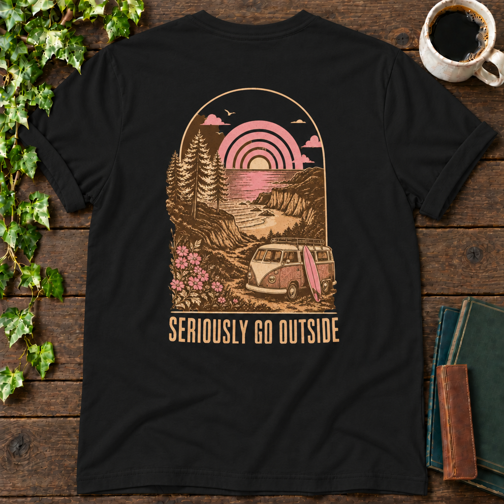 go outside. black t-shirt back print flat lay