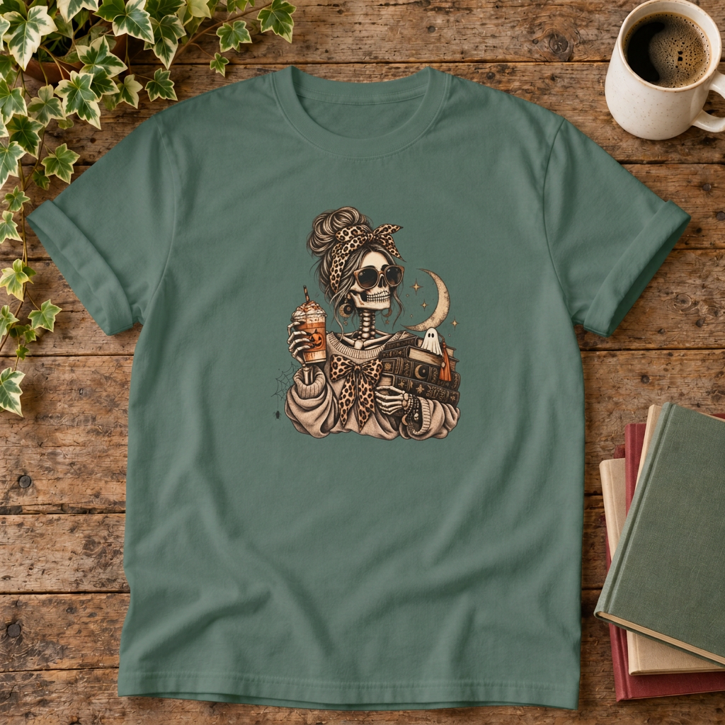 Mystical skeleton t-shirt in Blue Spruce, rustic wood flat lay