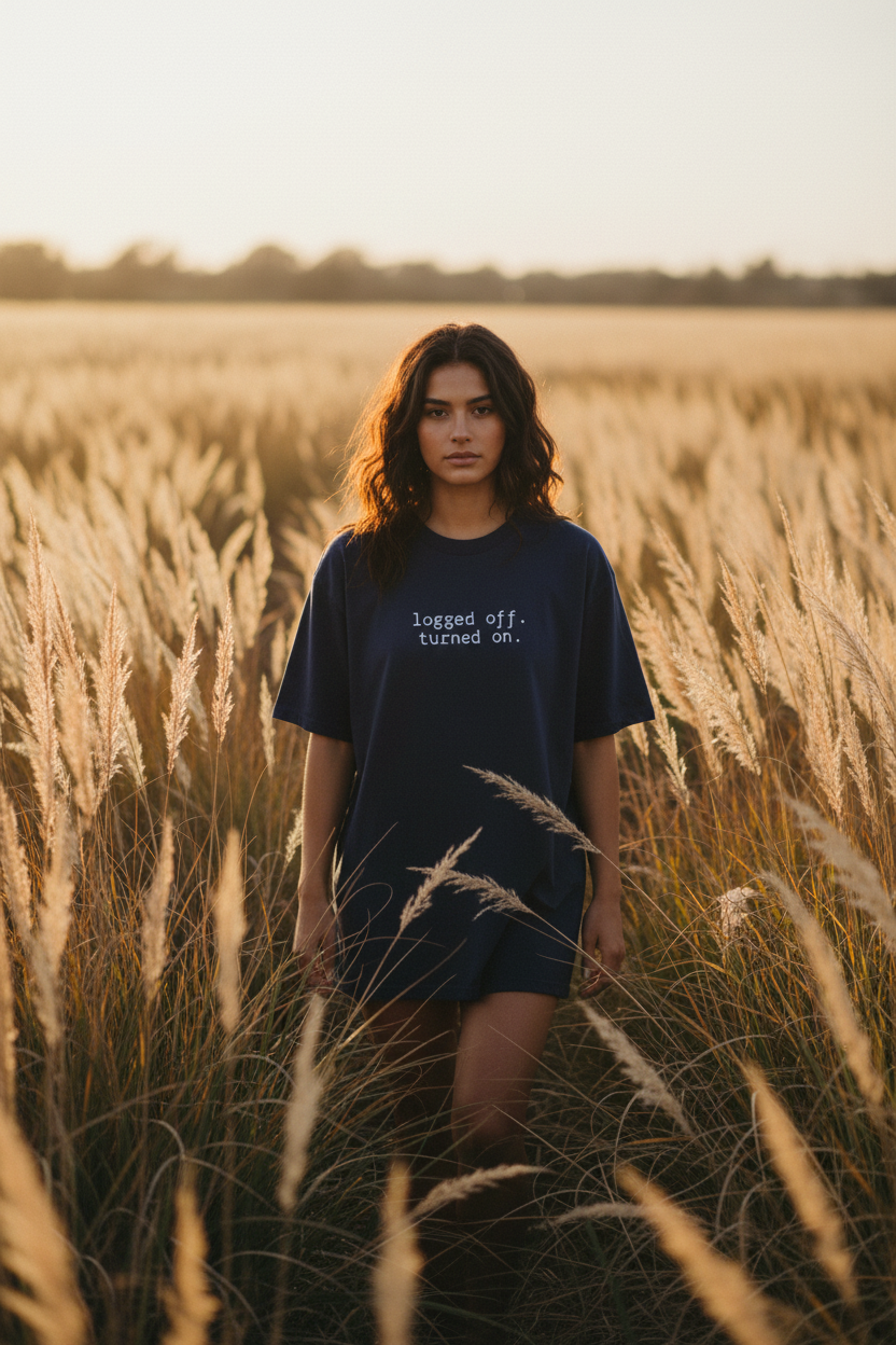logged off. turned on. — navy relaxed fit, pampas field lifestyle editorial
