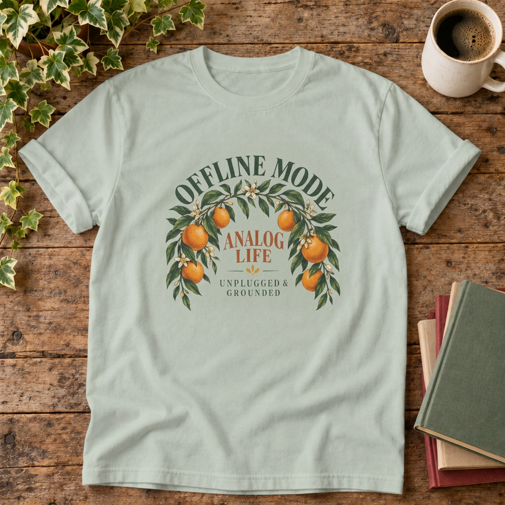 Offline mode analog life orange blossom t-shirt in Bay, rustic flat lay