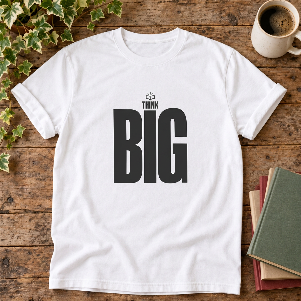 Think Big White T-shirt wood-and-books flat lay