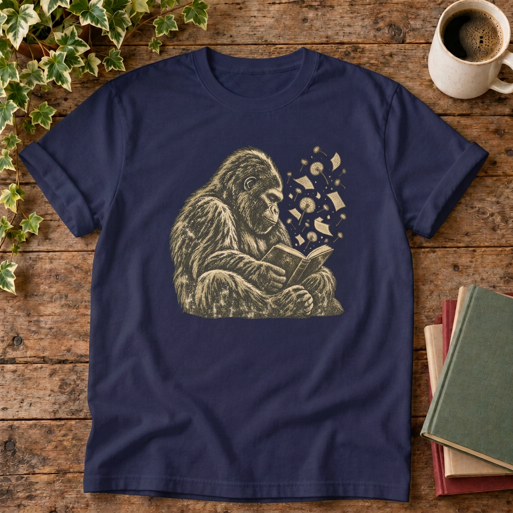 Gorilla Reading T-shirt in True Navy, stylised flat lay