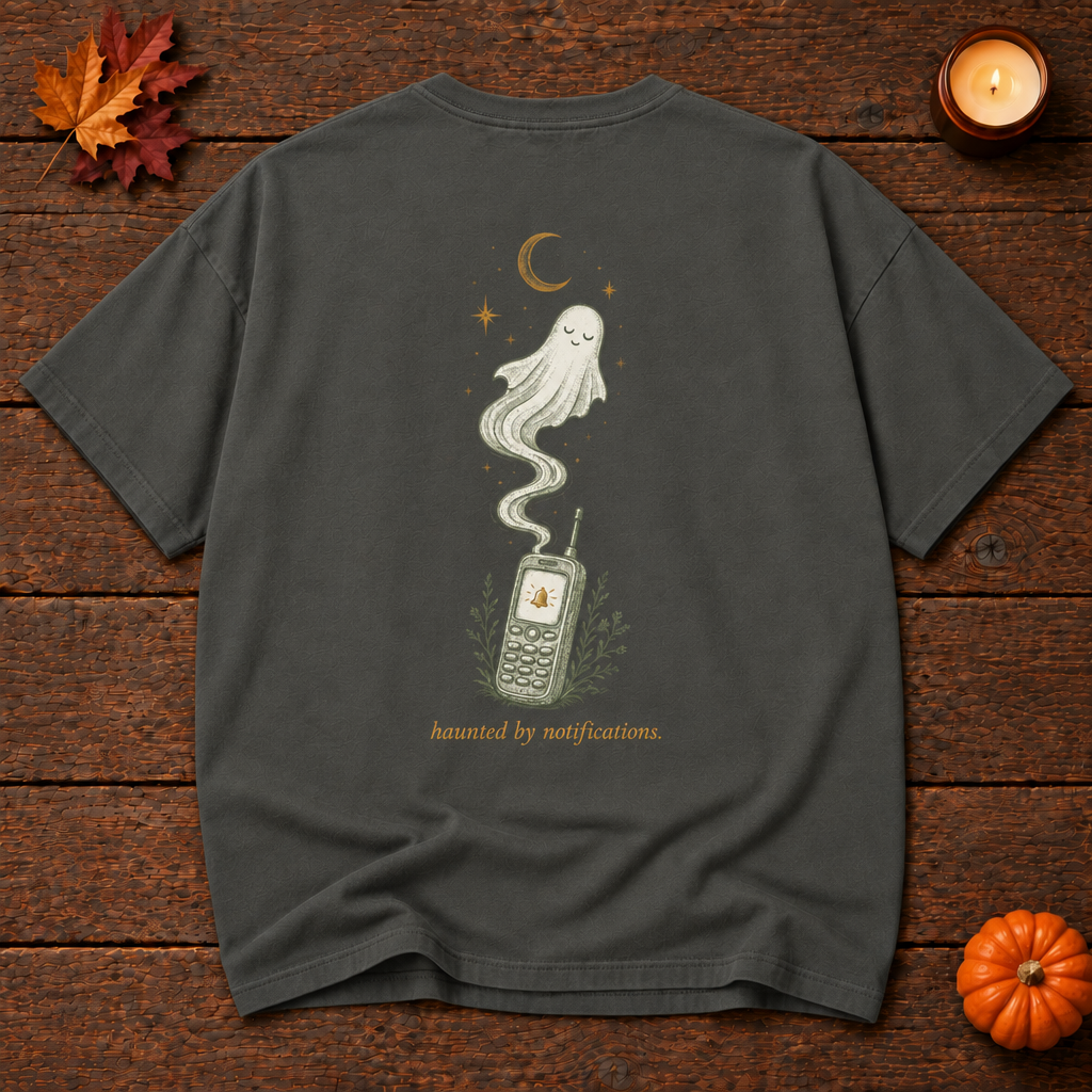 read at 11:47pm. pepper relaxed fit t-shirt back, haunted by notifications ghost print