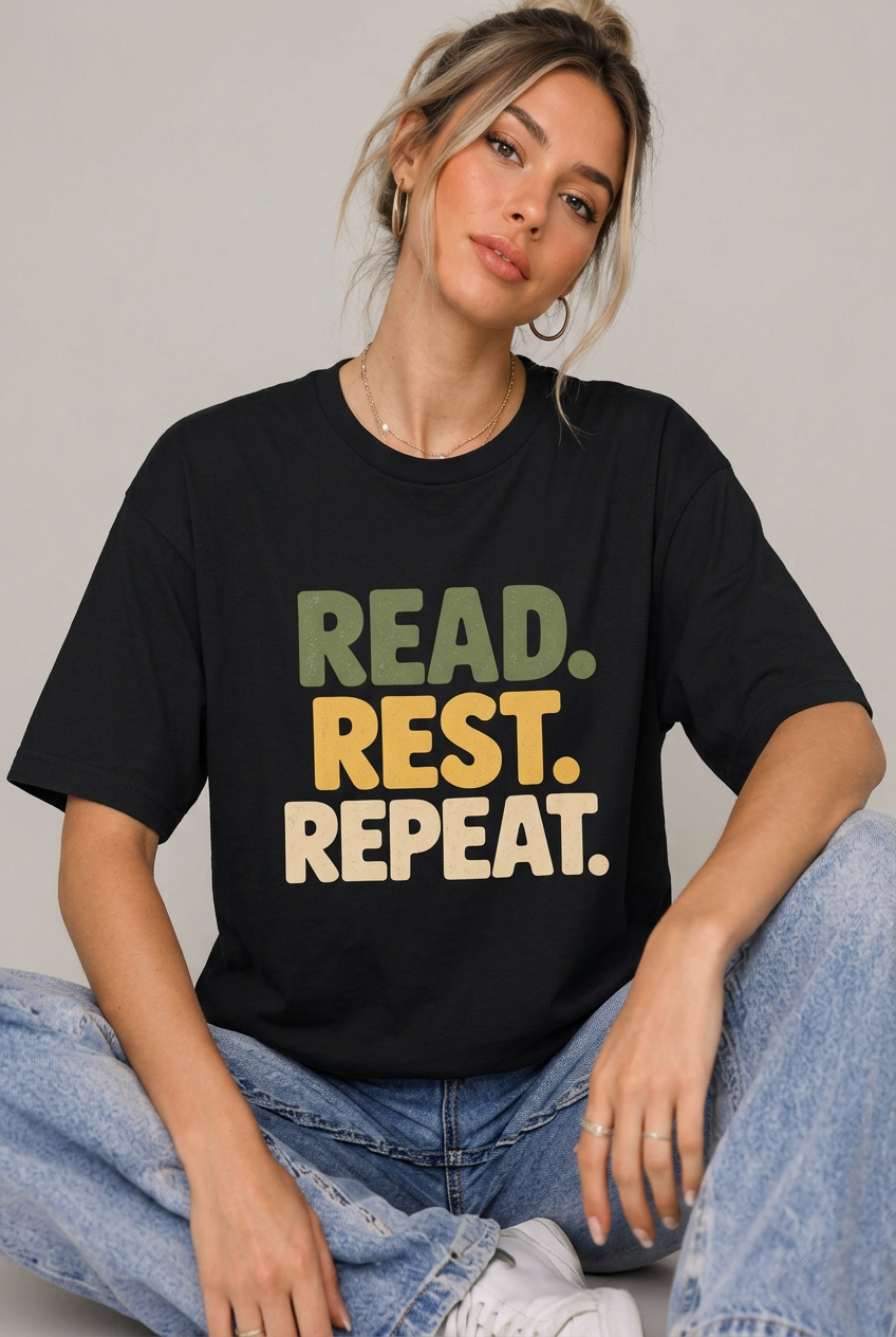 Seated woman wearing the Black read rest repeat t-shirt with blue jeans against a simple studio background