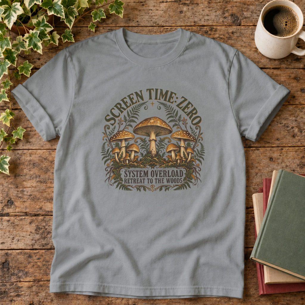 Screen time zero mushroom t-shirt in Grey, rustic flat lay