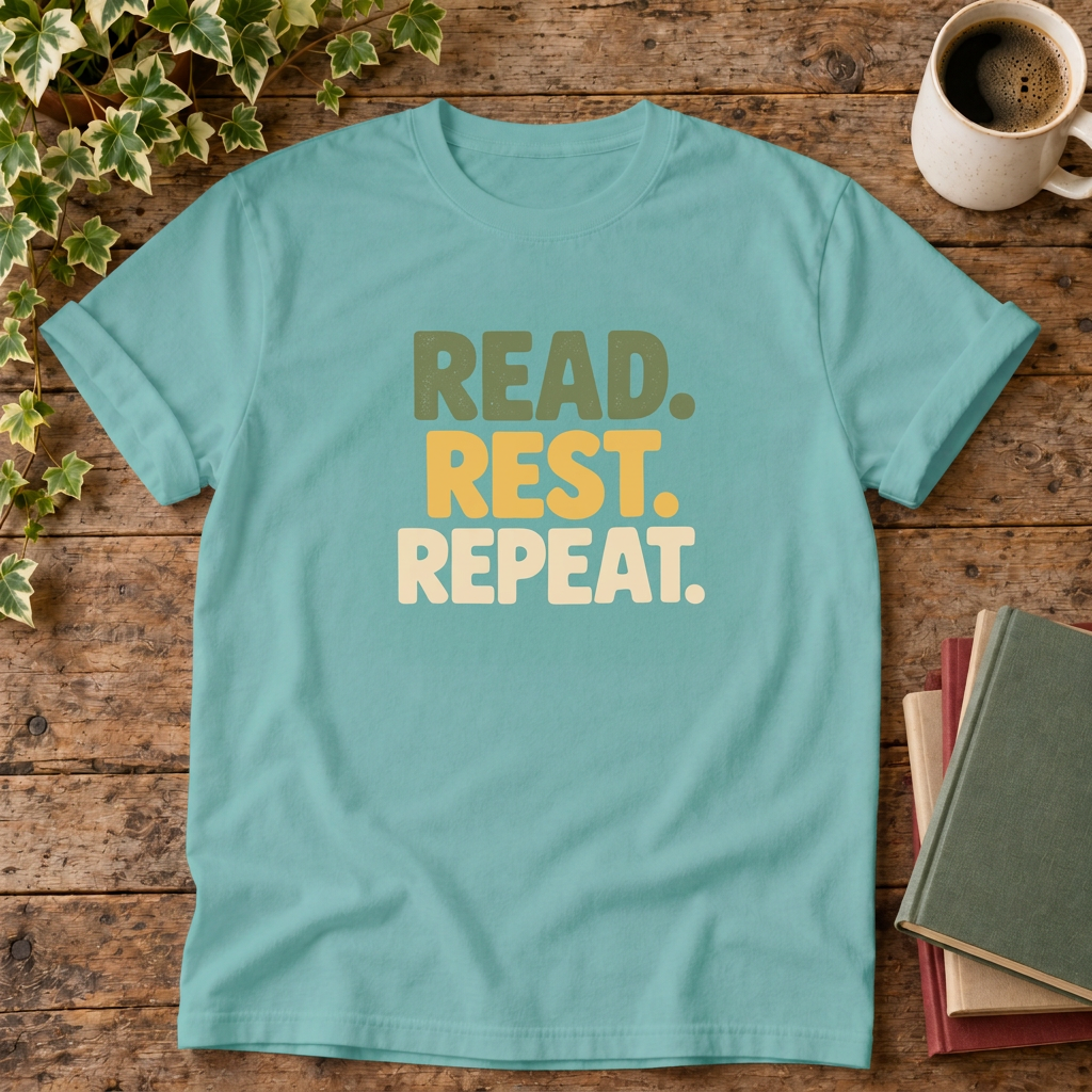 Read rest repeat t-shirt in Seafoam, rustic wood flat lay