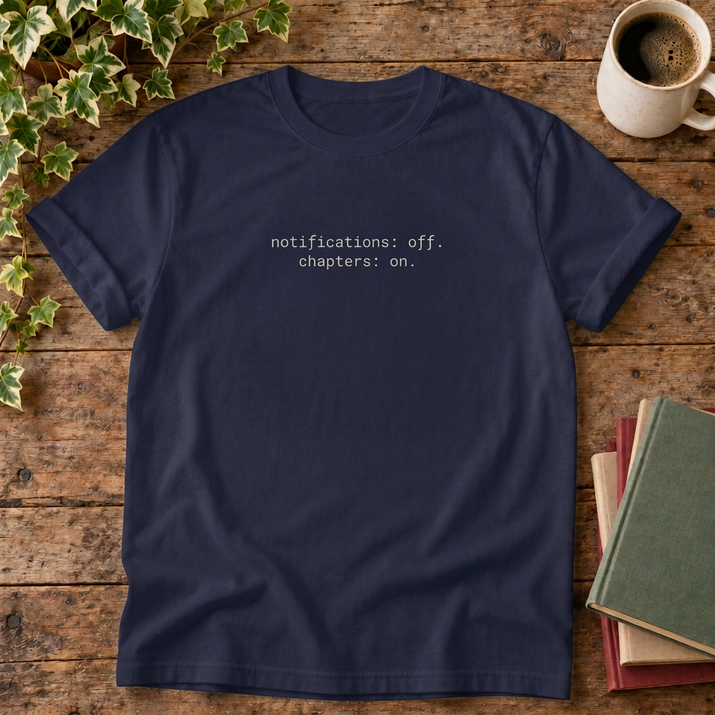 Notifications off chapters on T-shirt in True Navy, stylised flat lay
