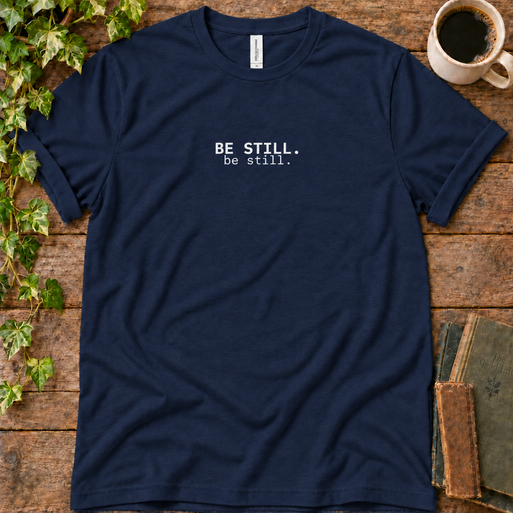 Navy regular-fit tee printed with be still, flat lay on rustic wood with ivy, coffee and vintage books