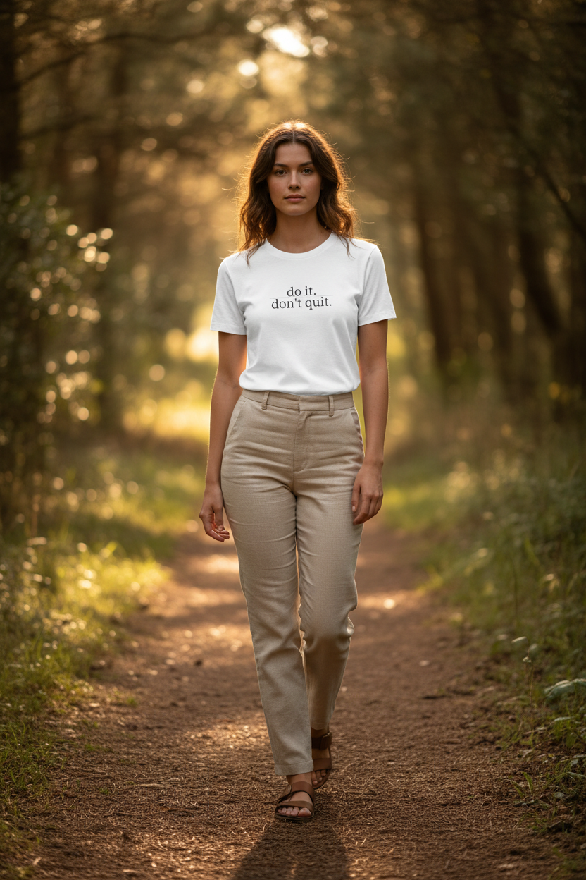 do it. don't quit. — fitted white tee, nature path lifestyle editorial