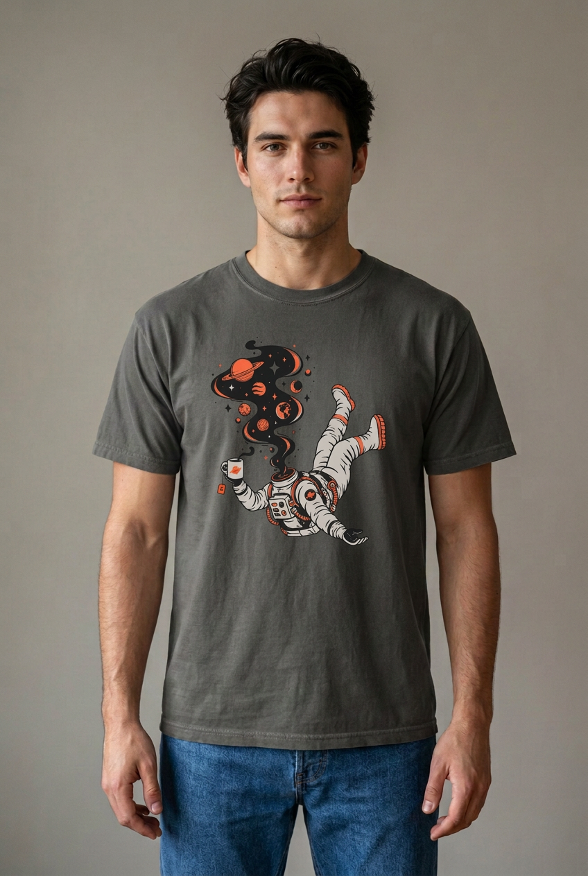 Young adult man wearing Pepper astronaut cosmic t-shirt