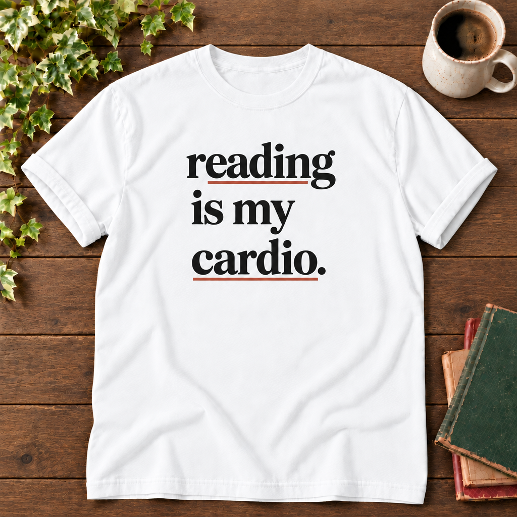 Reading is my cardio White, smooth timber, aligned coffee mug and green red tan books