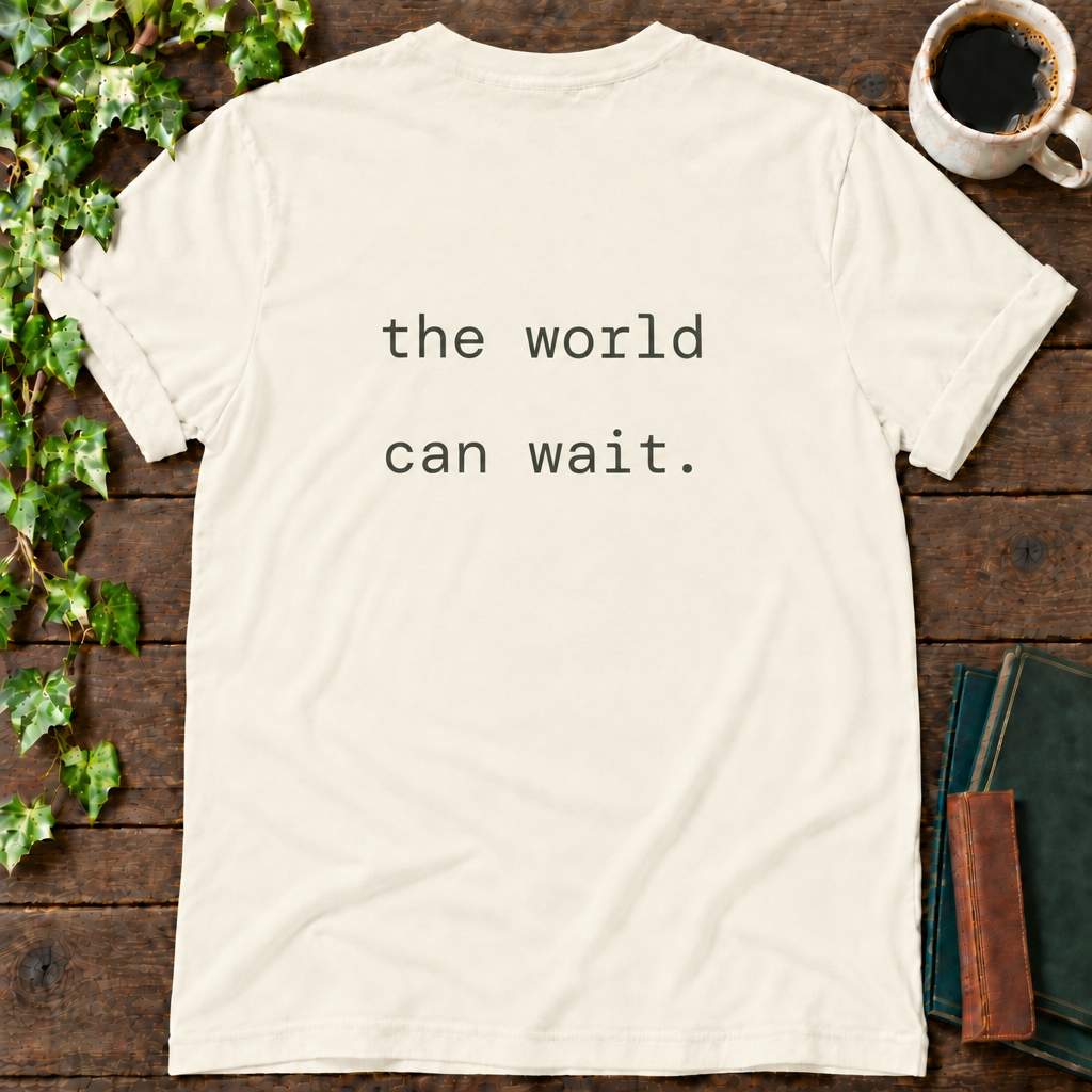 the world can wait. natural t-shirt back print flat lay