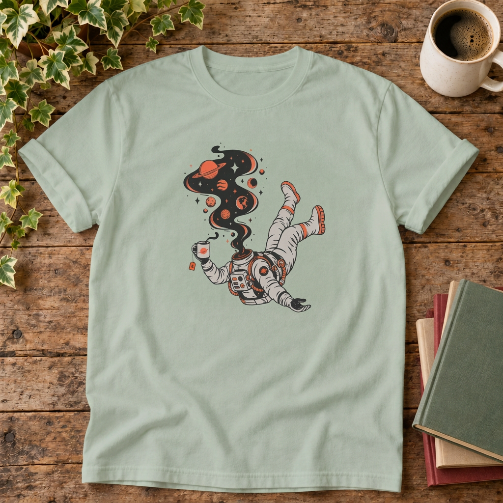 Astronaut cosmic t-shirt in Bay, rustic flat lay