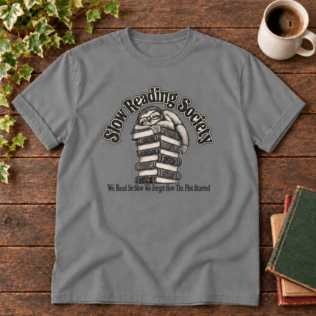 Grey sloth Slow Reading Society tee with blank neckline