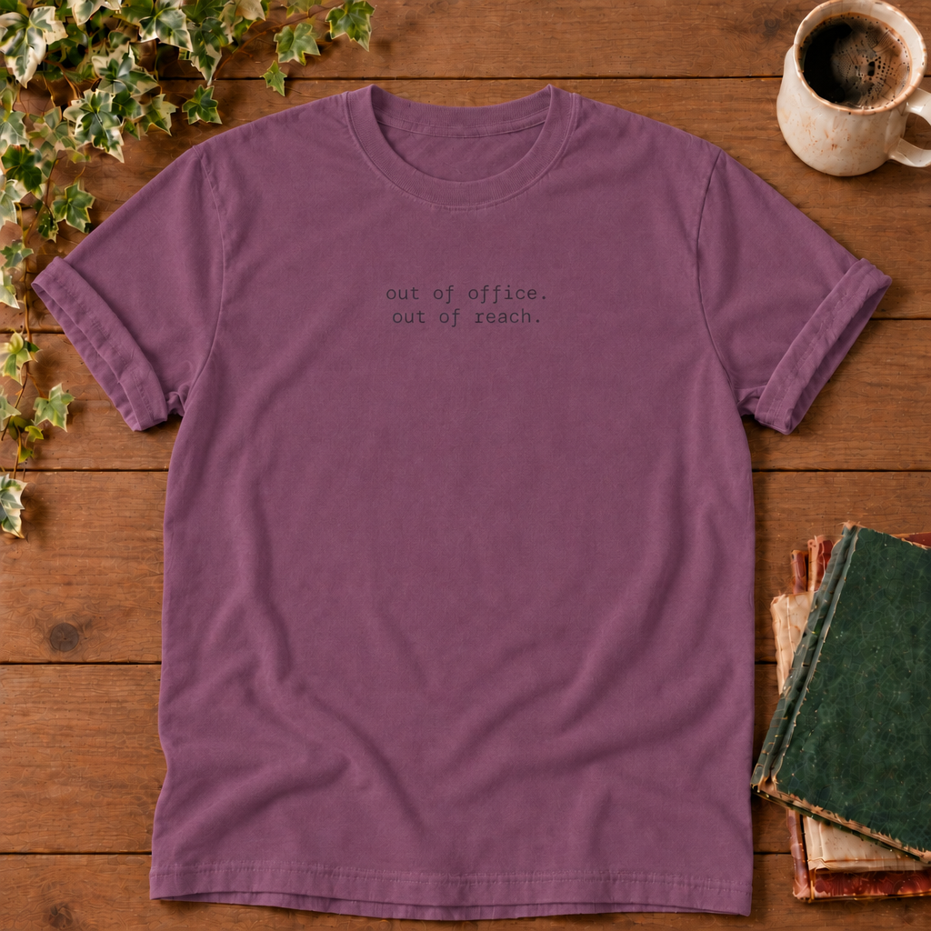 Out of office. Out of reach. Berry t-shirt flat lay