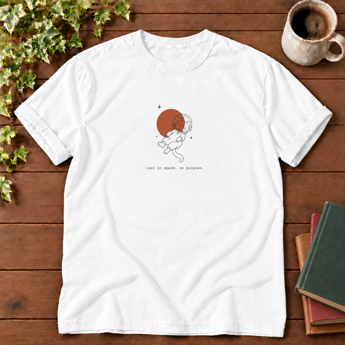 Astronaut cat White, lost in space on purpose, smooth wood flat lay