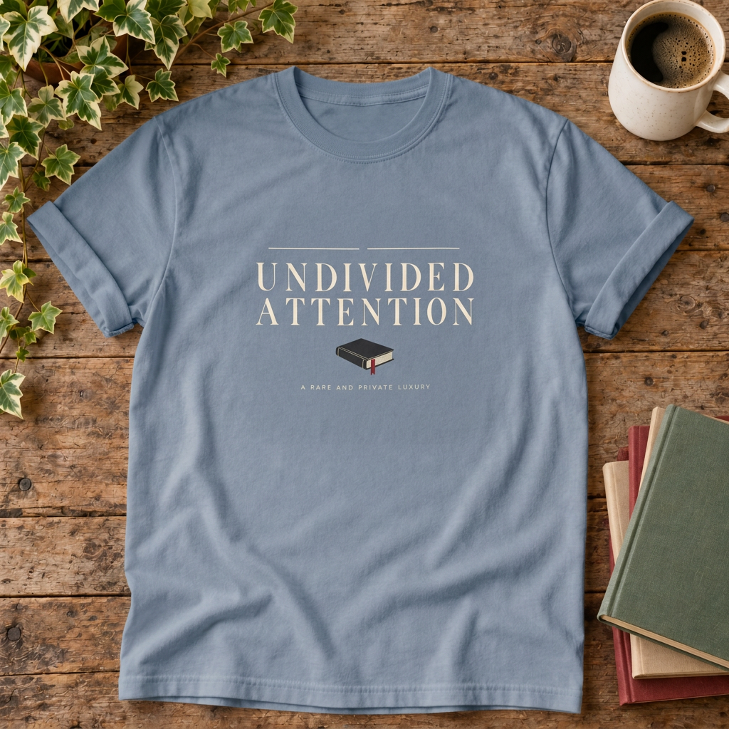 Undivided attention Blue Jean T-shirt wood-and-books flat lay