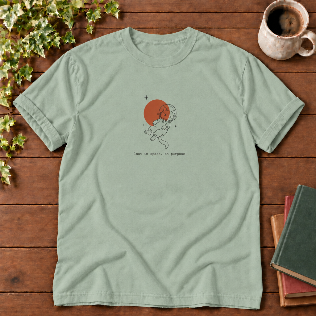 Astronaut cat Bay, lost in space on purpose, smooth wood flat lay