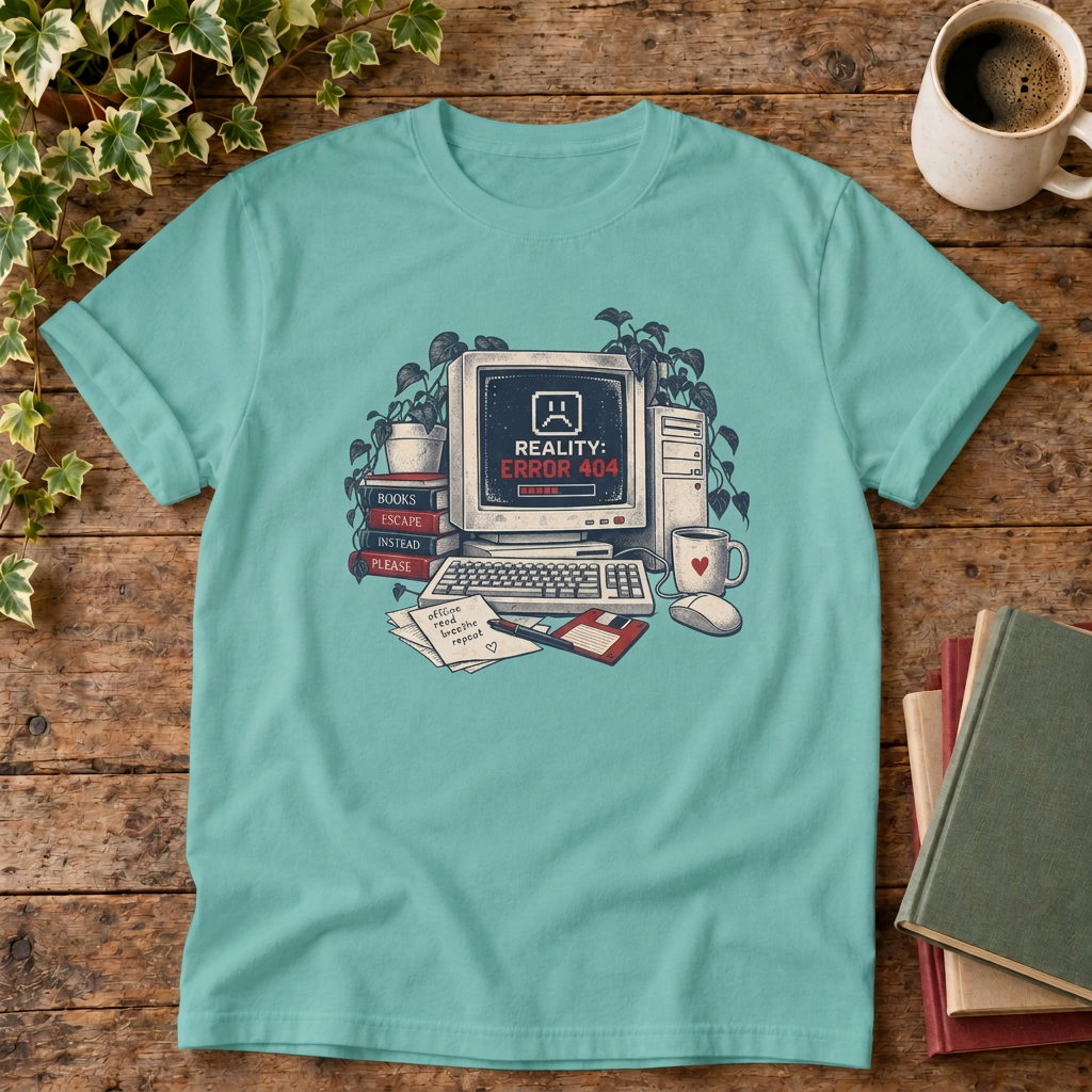 Reality error 404 t-shirt in Seafoam, rustic flat lay
