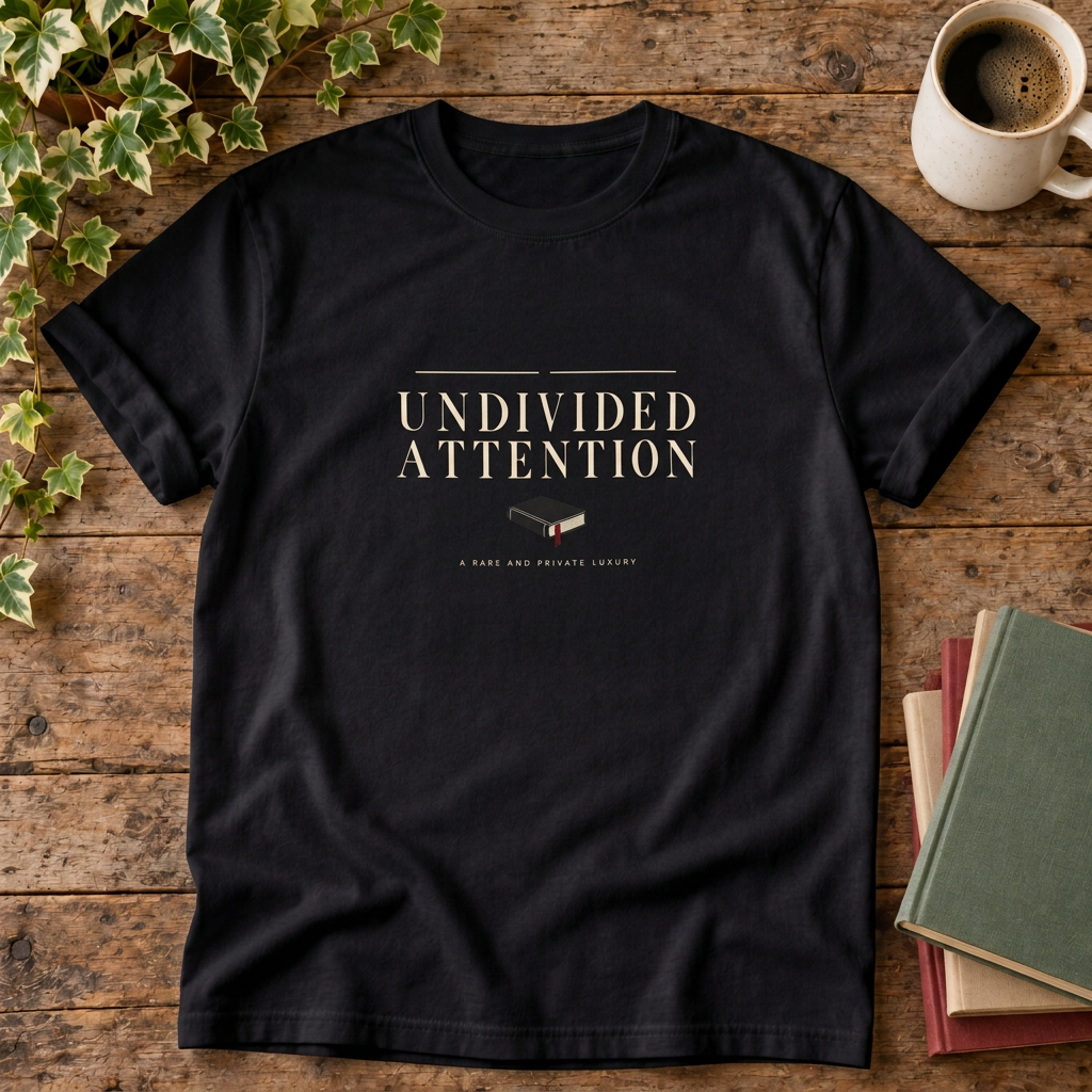 Undivided attention Black T-shirt wood-and-books flat lay