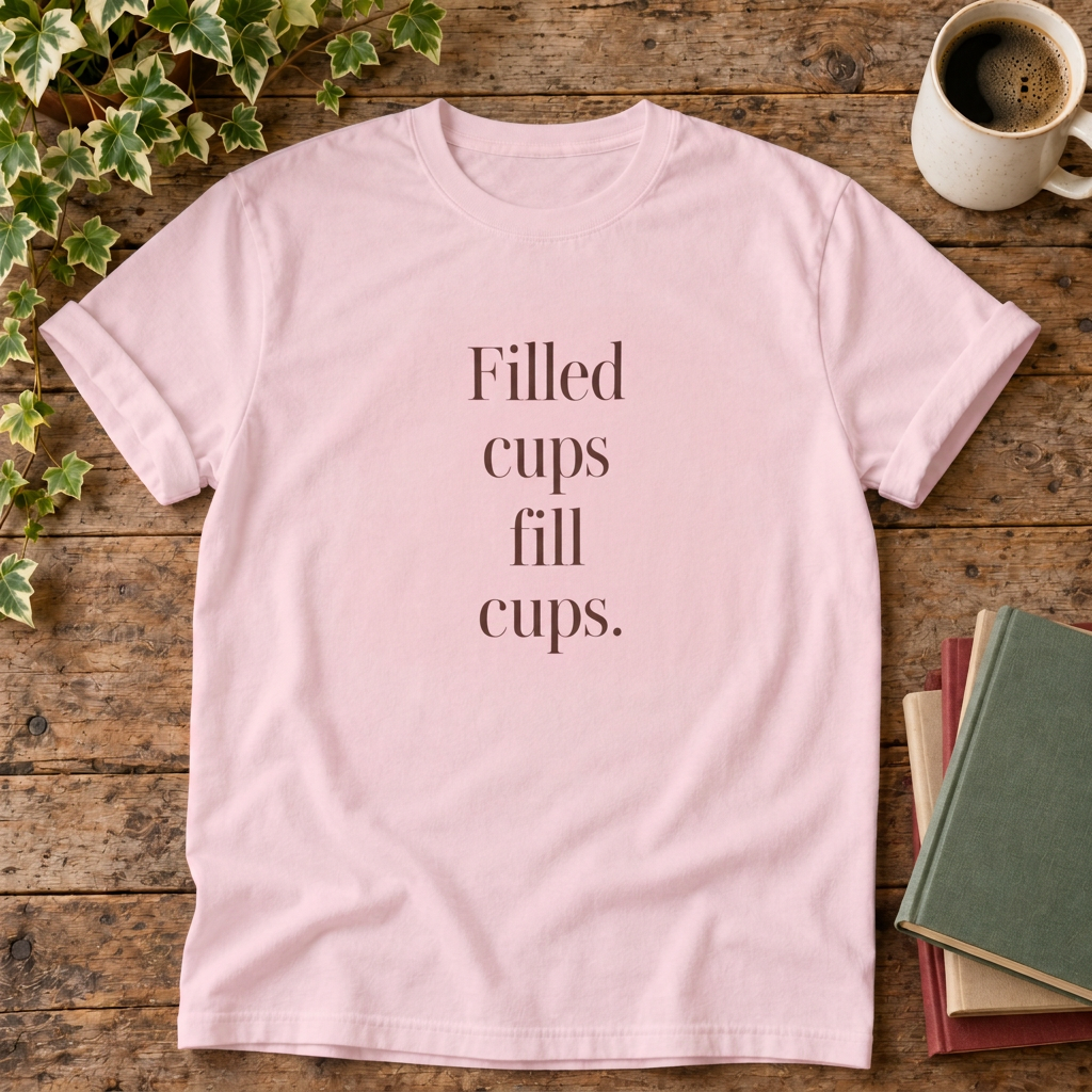 Filled cups fill cups. Blossom T-shirt wood-and-books flat lay