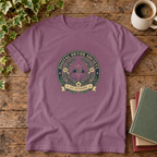 Digital detox society t-shirt in Berry, rustic flat lay with ivy coffee and books