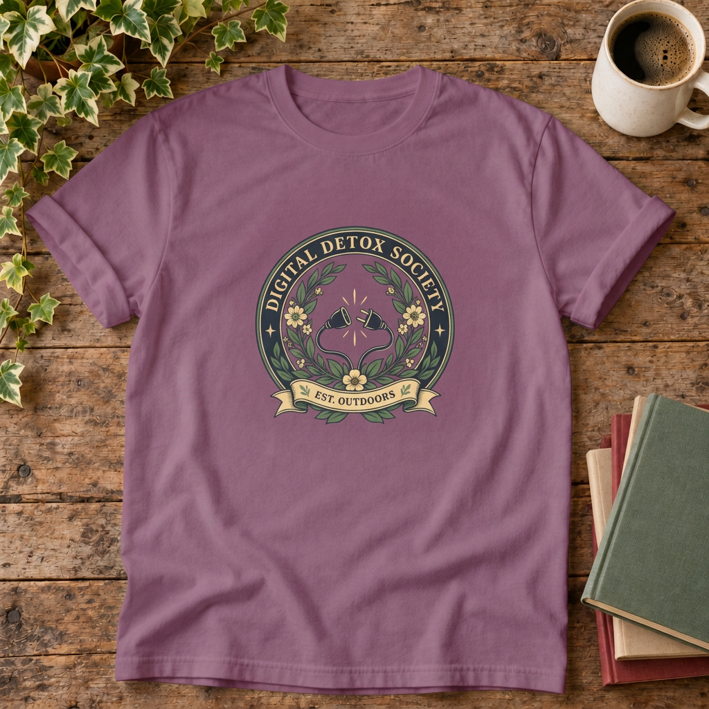 Digital detox society t-shirt in Berry, rustic flat lay with ivy coffee and books