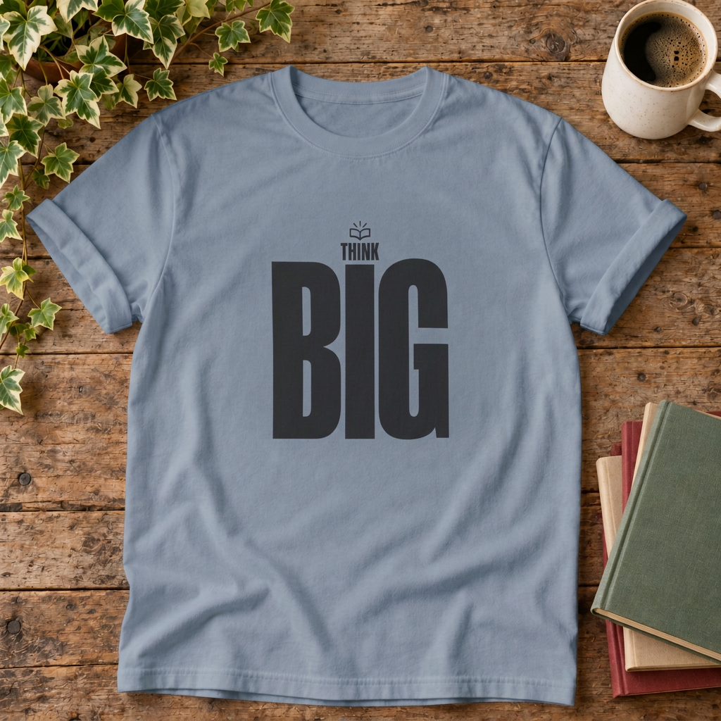 Think Big Blue Jean T-shirt wood-and-books flat lay