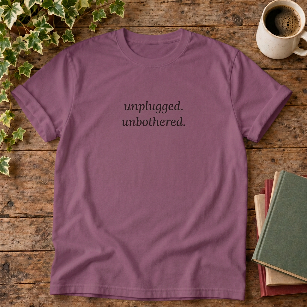 Unplugged unbothered T-shirt in Berry, stylised flat lay