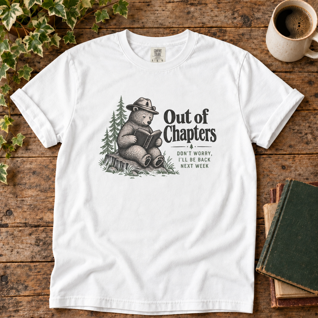 Reading Bear Out of Chapters tee in White, flat lay with blank antique books